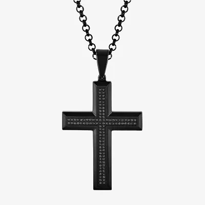 Mens 1/2 CT. T.W. Natural Black Diamond Stainless Steel Cross Pendant Necklace