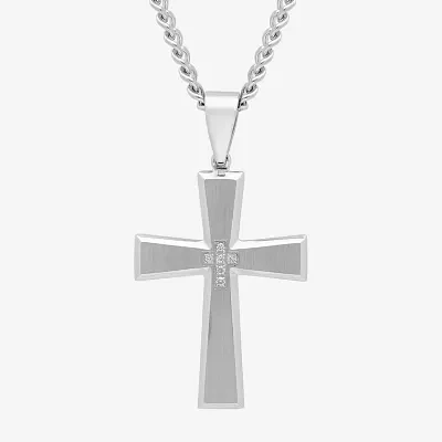 Mens Diamond Accent Natural White Diamond Stainless Steel Cross Pendant Necklace