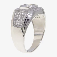 Mens White Cubic Zirconia Sterling Silver Square Fashion Ring