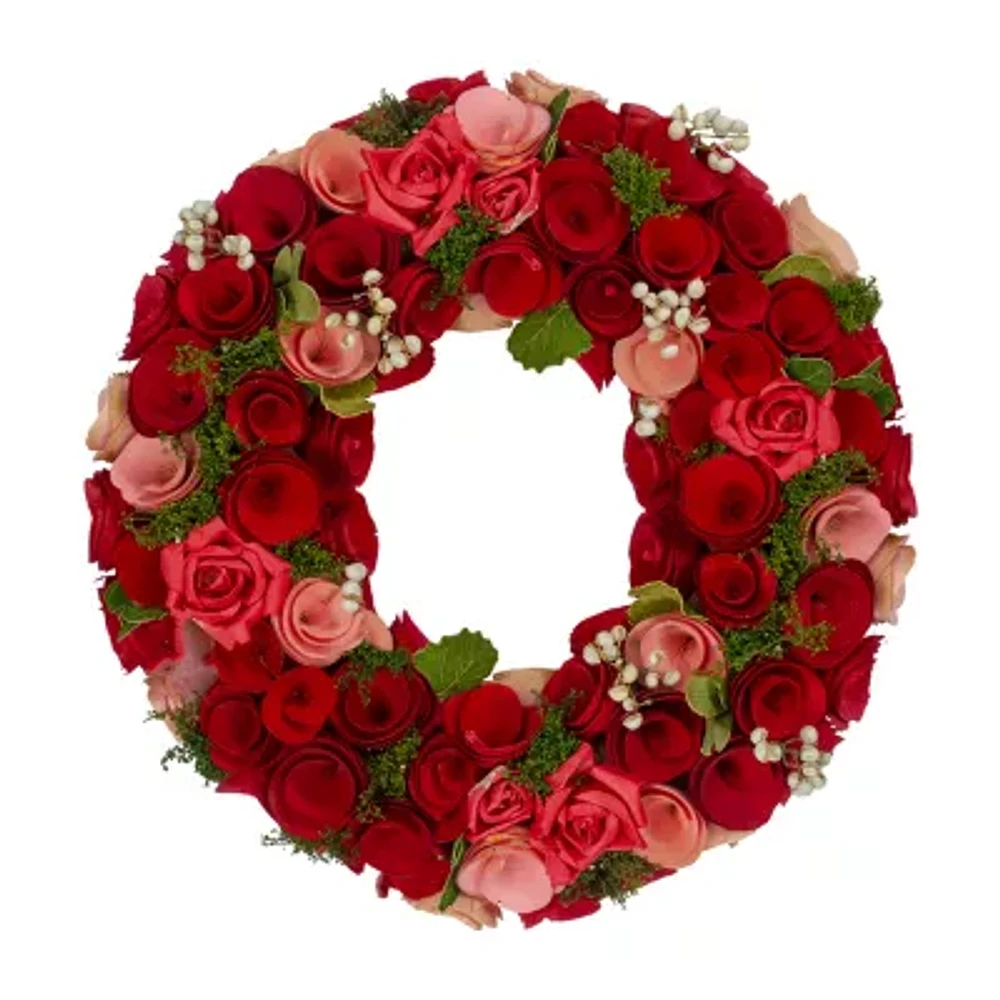 Northlight 12in Red And Pink Wooden Rose With White Berries Artificial Wreath