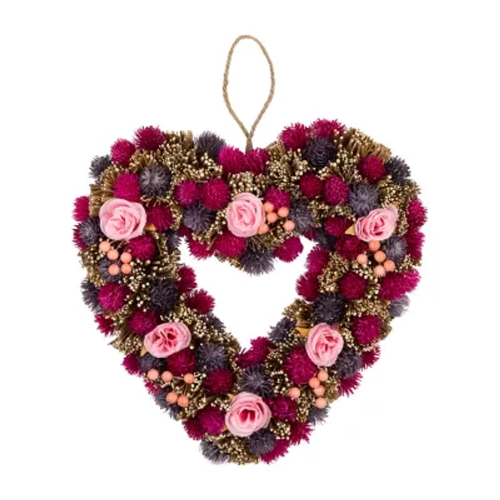 Northlight 13.5in Pink And Purple Floral Berry And Twig Heart-Shaped Artificial Spring Wreath