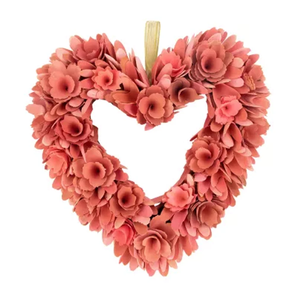 Northlight 14in Salmon Pink Valentine'S Day Wooden Floral Heart Indoor Wreath