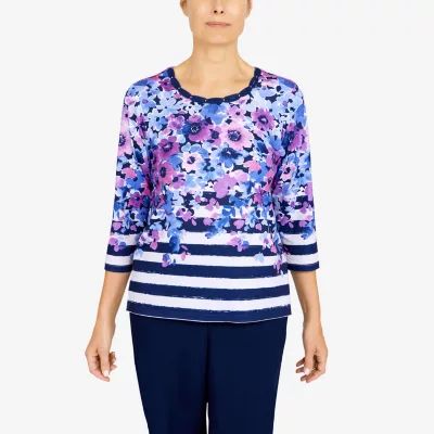 Alfred Dunner Picture Perfect Womens Round Neck 3/4 Sleeve T-Shirt