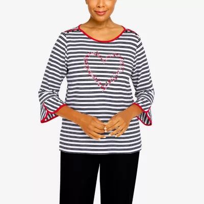 Alfred Dunner Checking Womens Round Neck 3/4 Sleeve T-Shirt