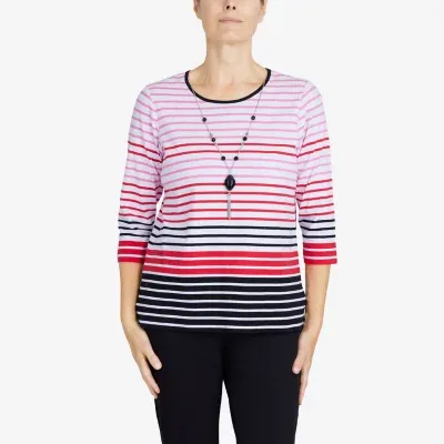 Alfred Dunner Checking Womens Round Neck 3/4 Sleeve T-Shirt