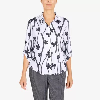 Alfred Dunner Checking Womens 3/4 Sleeve Button-Down Shirt