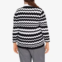 Alfred Dunner Plus Checking In Womens 3/4 Sleeve Chevron Pullover Sweater