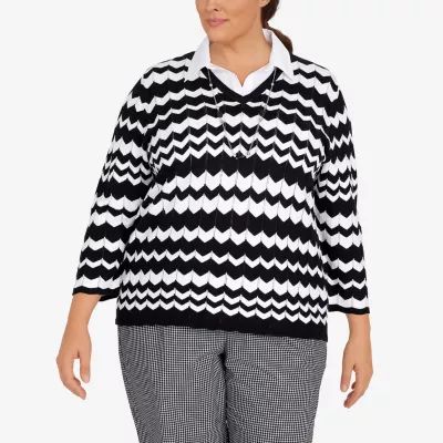 Alfred Dunner Plus Checking In Womens 3/4 Sleeve Chevron Pullover Sweater