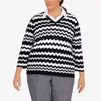 Alfred Dunner Plus Checking In Womens 3/4 Sleeve Chevron Pullover Sweater