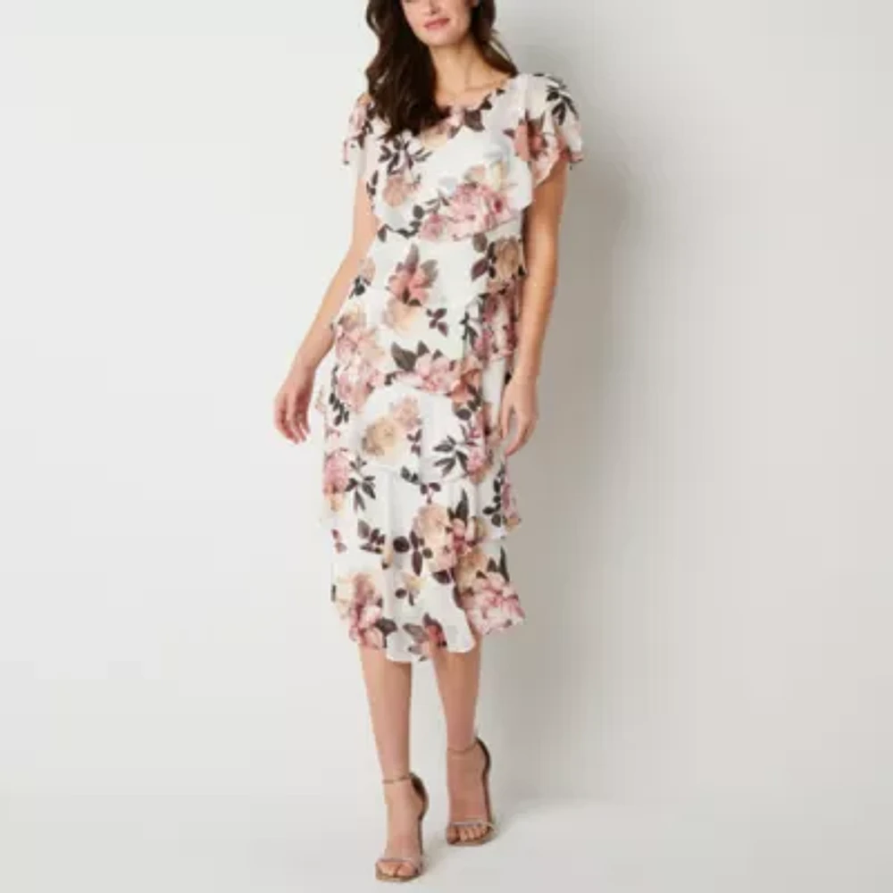 S. L. Fashions Floral Womens Short Sleeve Floral Midi Shift Dress