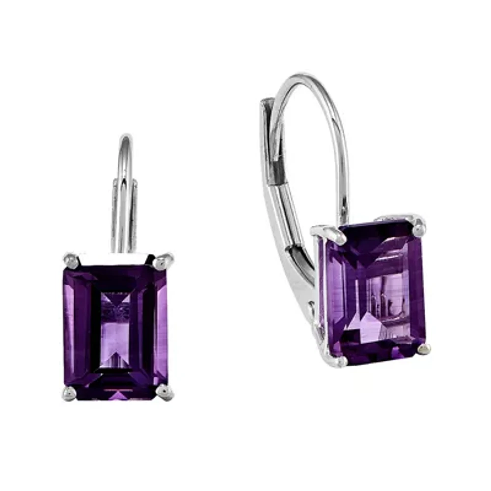 Emerald-Cut Genuine Amethyst 14K White Gold Leverback Earrings