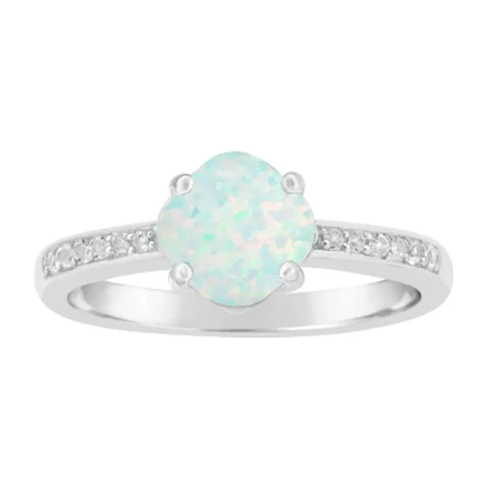 Womens Lab Created White Opal Sterling Silver Cushion Halo Side Stone Cocktail Ring