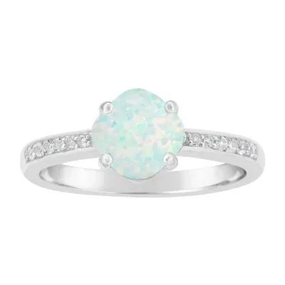 Womens Lab Created White Opal Sterling Silver Cushion Halo Side Stone Cocktail Ring