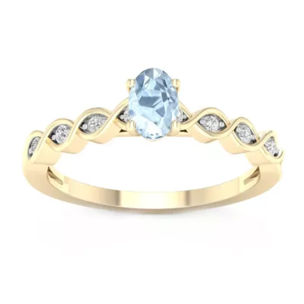 Womens Diamond Accent Genuine Blue Aquamarine 10K Gold Cocktail Ring