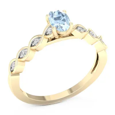 Womens Diamond Accent Genuine Blue Aquamarine 10K Gold Cocktail Ring