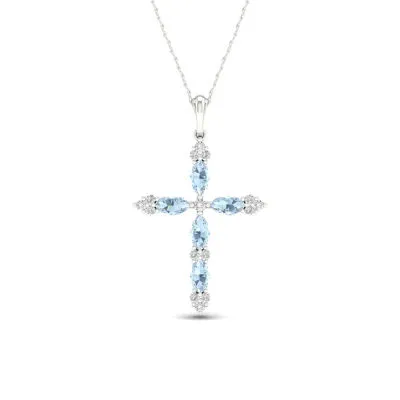 Womens 1/10 CT. T.W. Genuine Blue Aquamarine 10K Gold Cross Pendant Necklace