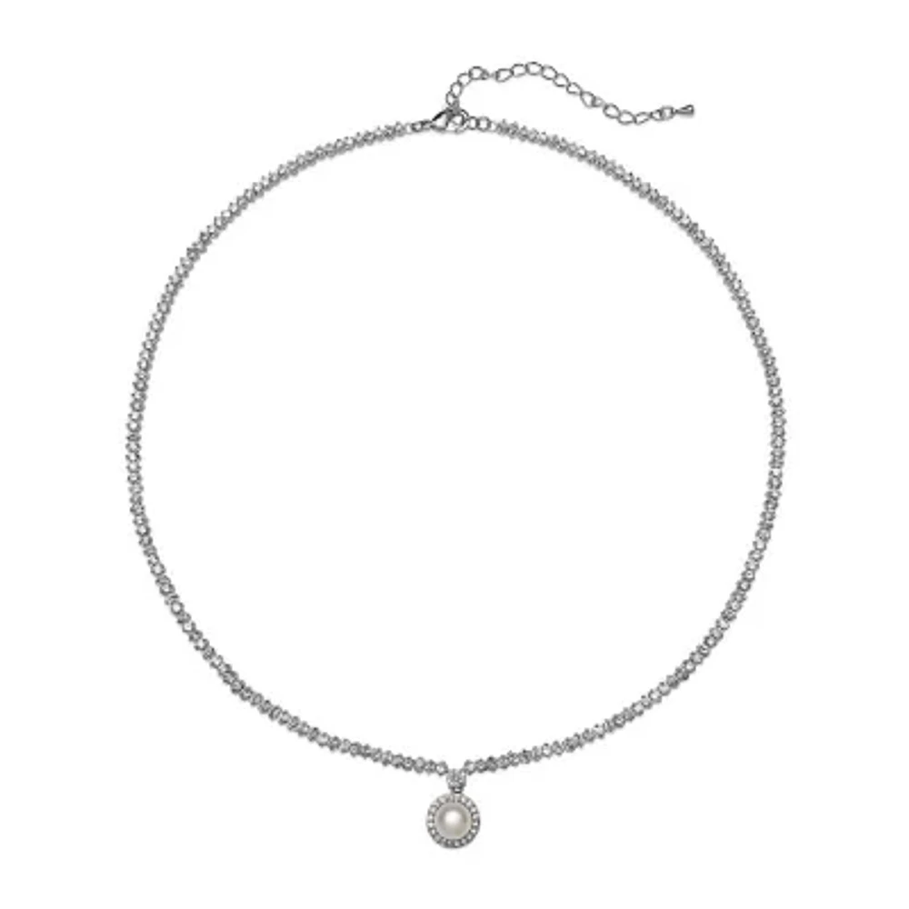 Cultured Freshwater Pearl and Cubic Zirconia Drop Necklace