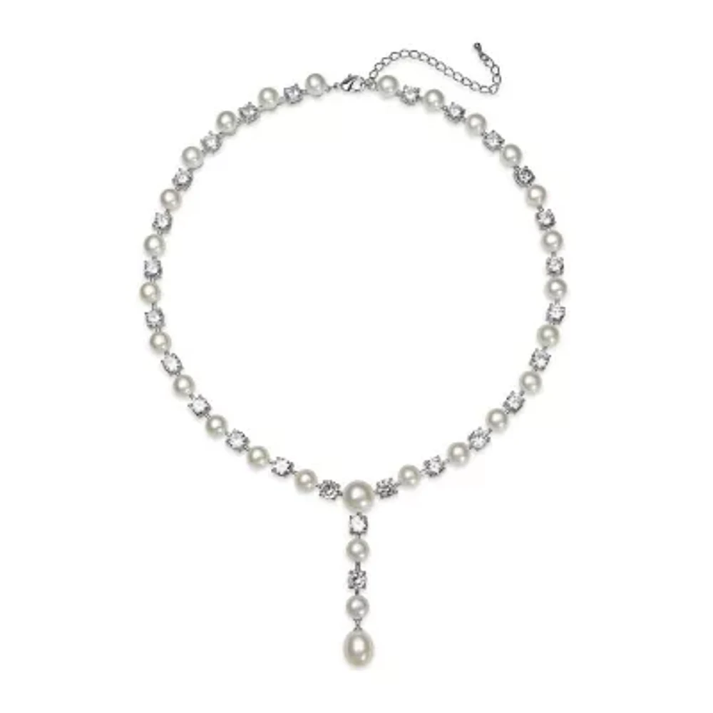 Silver Over Brass Cultured Freshwater Pearl and Cubic Zirconia Bridal Pendant Necklace