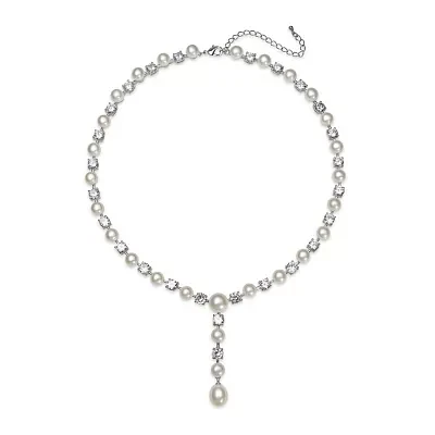 Silver Over Brass Cultured Freshwater Pearl and Cubic Zirconia Bridal Pendant Necklace