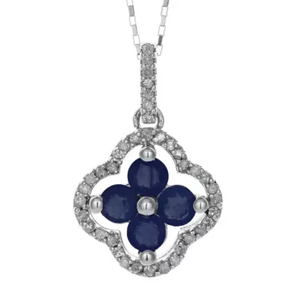 1/8 CT. T.W. Diamond and Genuine Sapphire 10K White Gold Flower Pendant Necklace