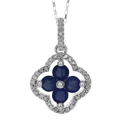 1/8 CT. T.W. Diamond and Genuine Sapphire 10K White Gold Flower Pendant Necklace