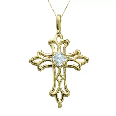 Genuine Aquamarine 10K Yellow Gold Cross Pendant Necklace