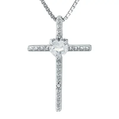 Genuine White Topaz and Diamond-Accent Sterling Silver Cross and Heart Pendant Necklace