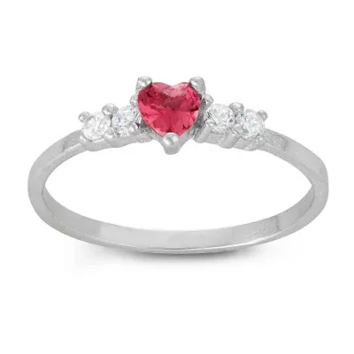 Girls Pink Cubic Zirconia Sterling Silver Heart Delicate Cocktail Ring