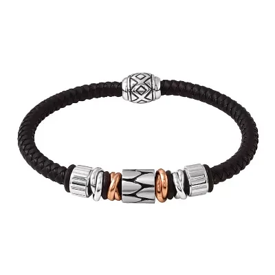 Mens Stainless Steel and Black Leather Bracelet