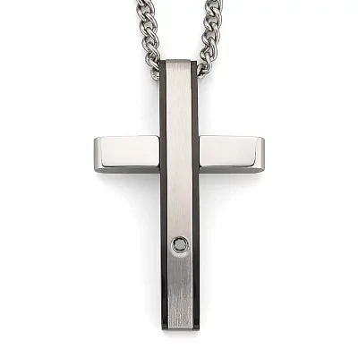 Two-Tone Diamond-Accent Stainless Steel Cross Pendant Necklace