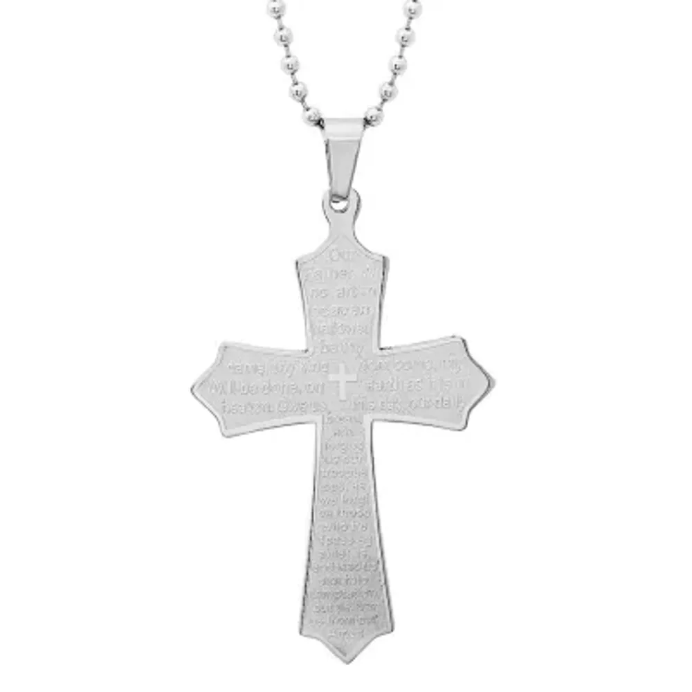 Steeltime Lord's Prayer Mens Stainless Steel Cross Pendant Necklace