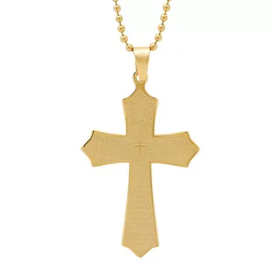 Steeltime Lord'S Prayer Mens 18K Gold Stainless Steel Cross Pendant Necklace