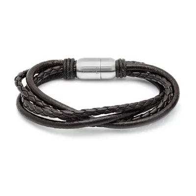 Steeltime Braided Leather Mens Stainless Steel Wrap Bracelet