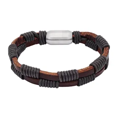 Steeltime Leather Stainless Steel 8 Inch Solid Link Bracelet