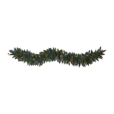 Nearly Natural 6ft. Snow Dusted Artificial Christmas Garland With 50 Multicolored Led Lights; Berries And Pinecones Pre-Lit Indoor Christmas Garland