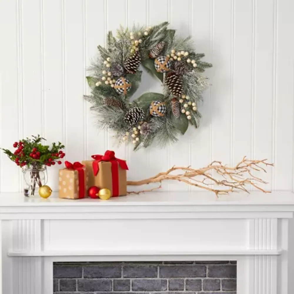 Nearly Natural 24in. Snow Tipped Holiday Artificial Wreath With Berries; Pine Cones And Ornaments Indoor Wreath