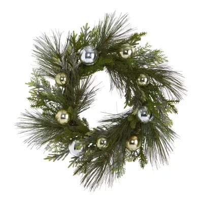 Nearly Natural 26in. Sparkling Pine Artificial Wreath With Decorative Ornaments Indoor Christmas Wreath