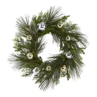 Nearly Natural 26in. Sparkling Pine Artificial Wreath With Decorative Ornaments Indoor Christmas Wreath