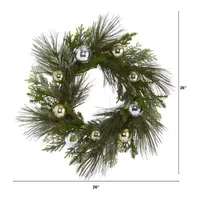 Nearly Natural 26in. Sparkling Pine Artificial Wreath With Decorative Ornaments Indoor Christmas Wreath