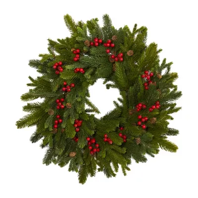 Nearly Natural 22in. Pine; Pinecone And Berry Artificial Wreath Indoor Christmas Wreath