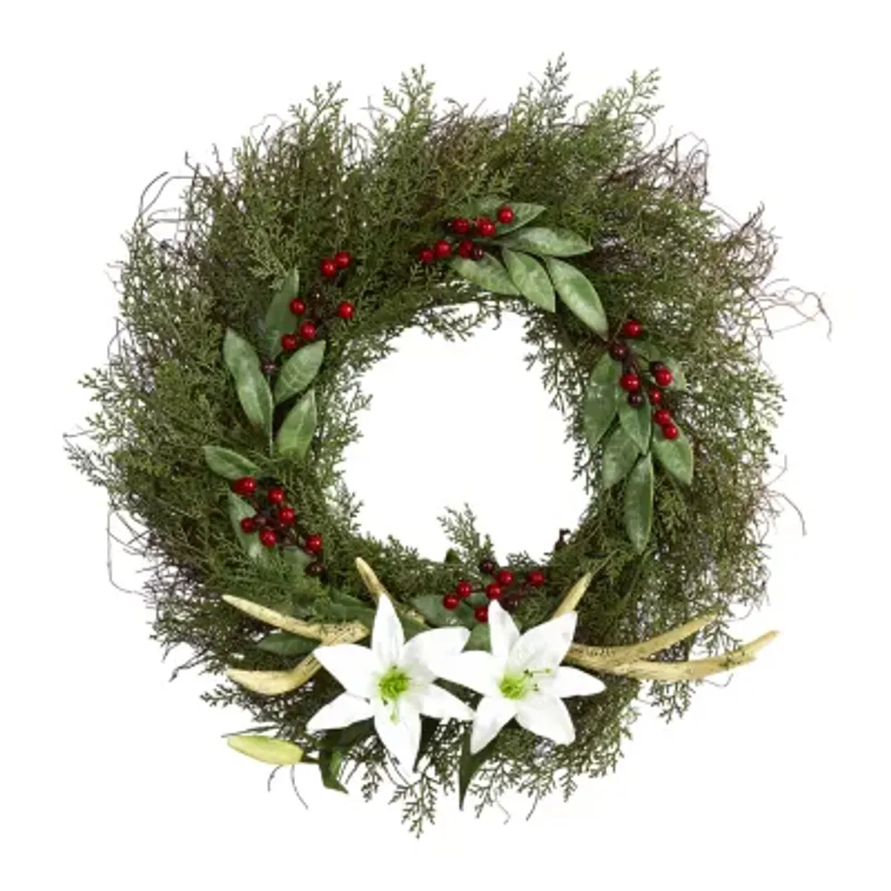 Nearly Natural 20in. Cedar; Antlers; Lily And Ruscus With Berries  Artificial Wreath Indoor Christmas Wreath