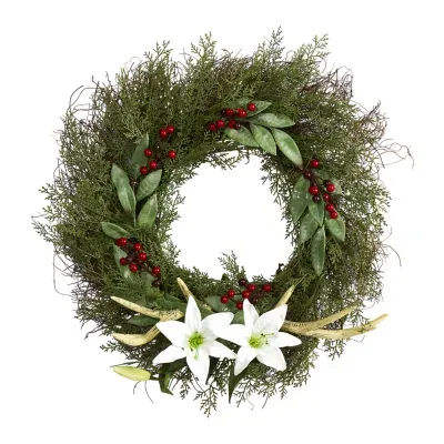 Nearly Natural 20in. Cedar; Antlers; Lily And Ruscus With Berries Artificial Wreath Indoor Wreath