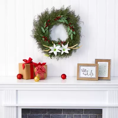 Nearly Natural 20in. Cedar; Antlers; Lily And Ruscus With Berries Artificial Wreath Indoor Wreath