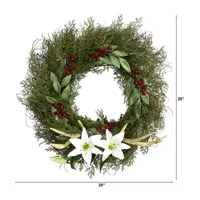 Nearly Natural 20in. Cedar; Antlers; Lily And Ruscus With Berries Artificial Wreath Indoor Christmas Wreath