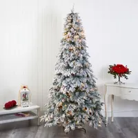 Nearly Natural 8 Foot Flocked Vermont Mixed Pine With 600 Led Lights Pre-Lit Artificial Christmas Tree