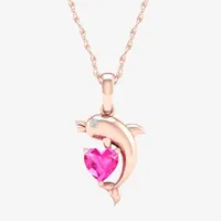 Gender Reveal Dolphin Womens Lab Created Pink Sapphire 14K Rose Gold Over Silver Pendant Necklace