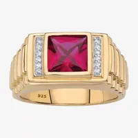 Mens Simulated Red Cubic Zirconia 18K Gold Over Silver Fashion Ring