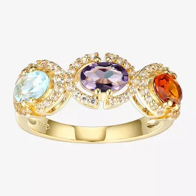 Womens 2MM Multi Color 18K Gold Over Silver 3-Stone Band