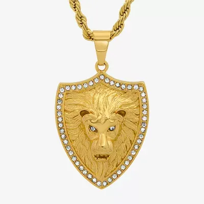 Steeltime Lion Shield Mens Cubic Zirconia 18K Gold Over Stainless Steel Pendant Necklace