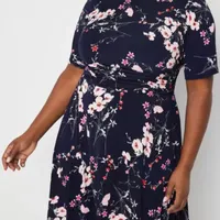 Jessica Howard Womens 3/4 Sleeve Floral Midi Fit + Flare Dress Plus